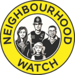 Logo is an image of a child, two adults and a police man. Yellow circle around them with the text: Neighbourhood Watch