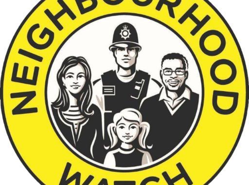 Logo is an image of a child, two adults and a police man. Yellow circle around them with the text: Neighbourhood Watch