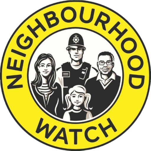 Logo is an image of a child, two adults and a police man. Yellow circle around them with the text: Neighbourhood Watch